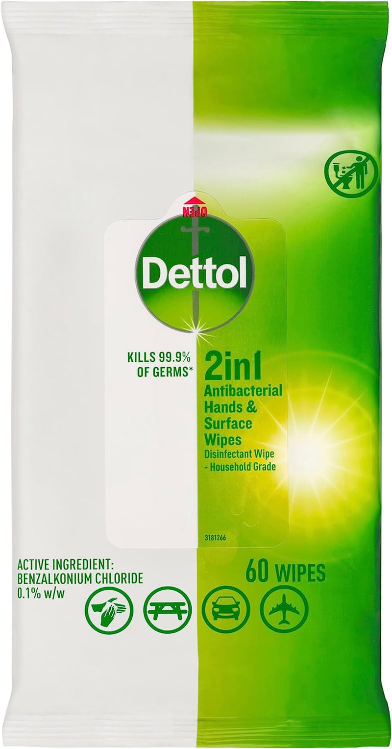 2 in 1 Hands and Surfaces Antibacterial Wipes 60 Pack